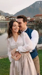 Berge und ein See im Hintergrund, im Vordergrund ein sich umarmendes Paar